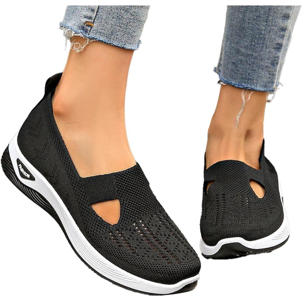 image:imageChaussures Orthopediques Femmes Ete Confortable Pieds Larges Sandales Baskets Chaussure Orthopedique Femme De Marche sans Lacets Basket Basquette Confort Chic Sneakers Legere00 Black