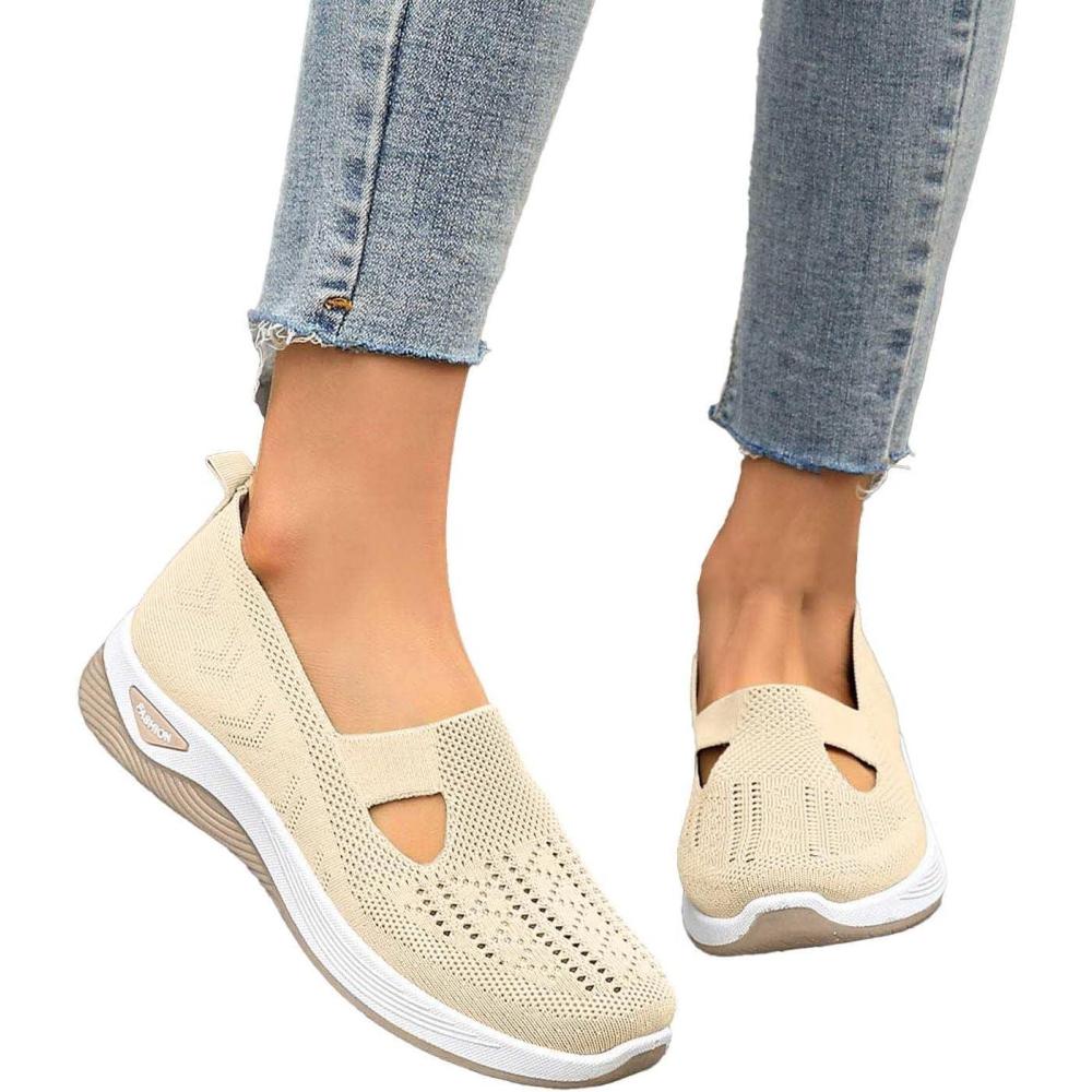 image:imageChaussures Orthopediques Femmes Ete Confortable Pieds Larges Sandales Baskets Chaussure Orthopedique Femme De Marche sans Lacets Basket Basquette Confort Chic Sneakers Legere02 Beige