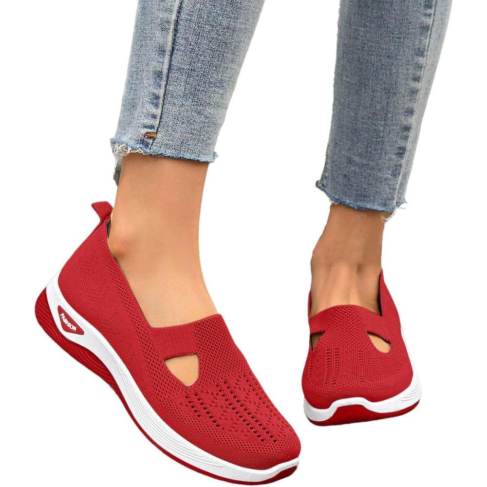image:imageChaussures Orthopediques Femmes Ete Confortable Pieds Larges Sandales Baskets Chaussure Orthopedique Femme De Marche sans Lacets Basket Basquette Confort Chic Sneakers Legere10 Red