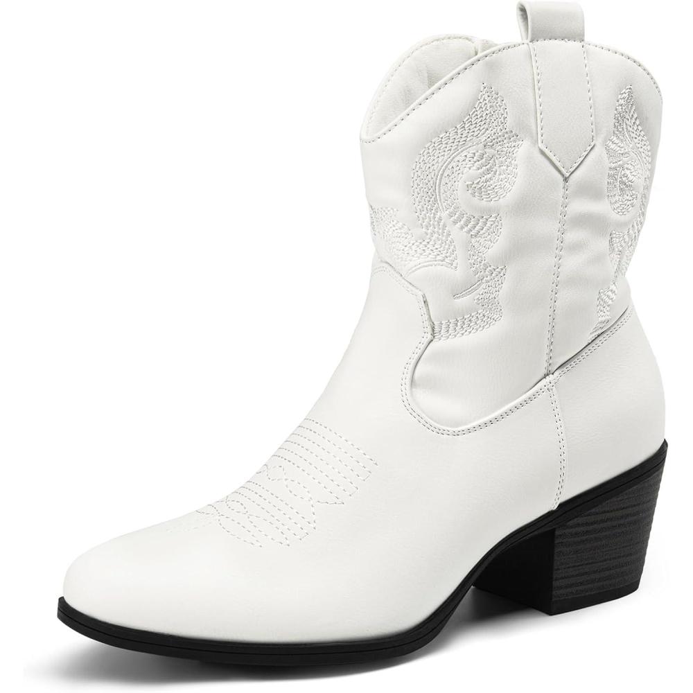 image:imageDREAM PAIRS Bottines de cowboy et cowgirl brodes pour femme Style western Talon bas et pais Bout rond Pour lautomneBlanc