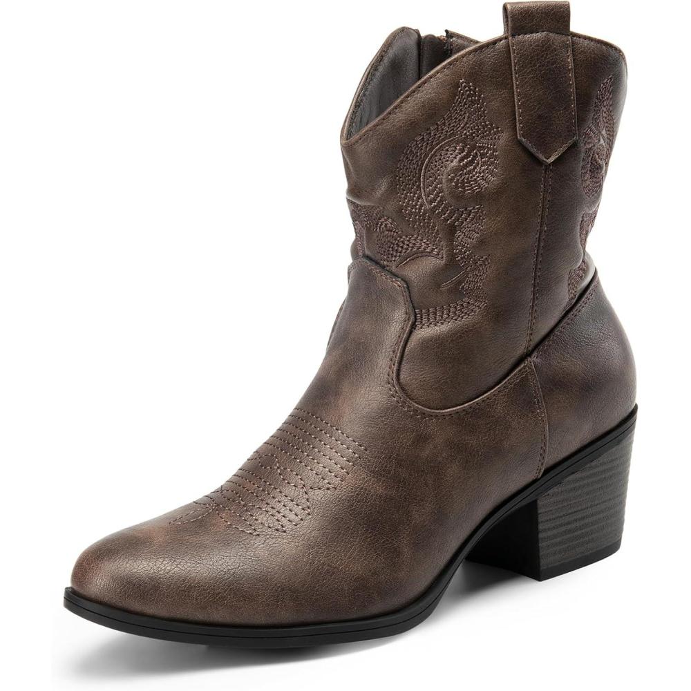 image:imageDREAM PAIRS Bottines de cowboy et cowgirl brodes pour femme Style western Talon bas et pais Bout rond Pour lautomneMarron