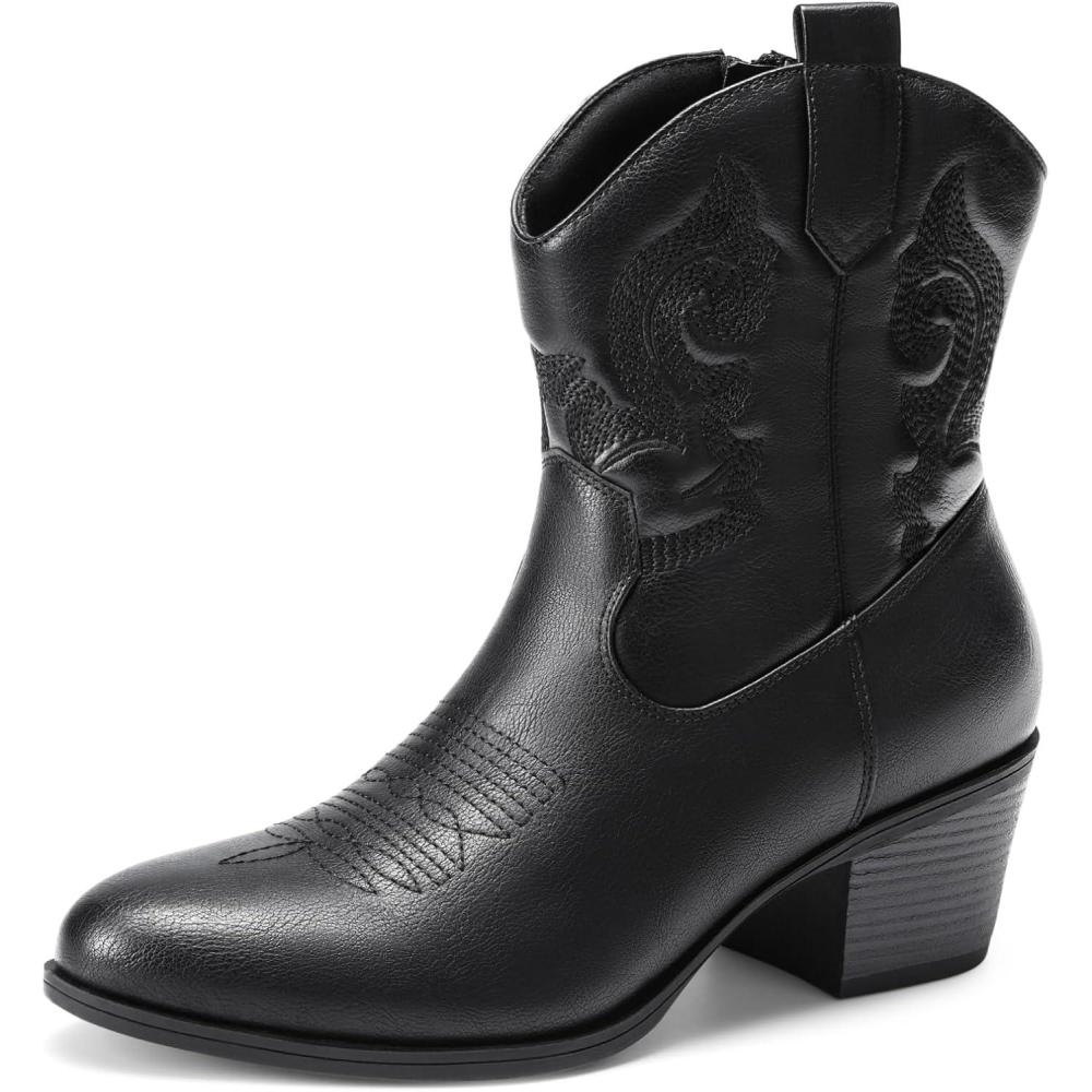 image:imageDREAM PAIRS Bottines de cowboy et cowgirl brodes pour femme Style western Talon bas et pais Bout rond Pour lautomneNoir