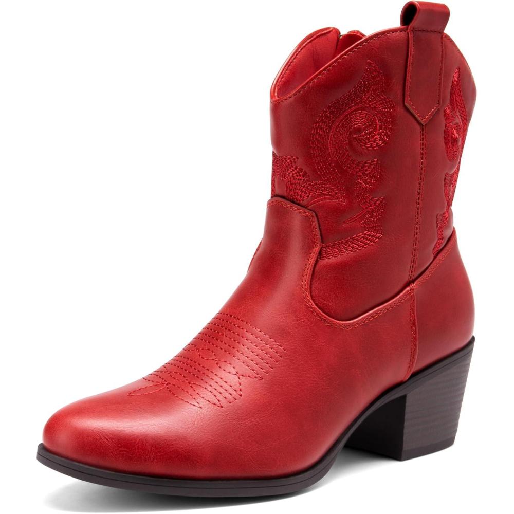 image:imageDREAM PAIRS Bottines de cowboy et cowgirl brodes pour femme Style western Talon bas et pais Bout rond Pour lautomneRouge
