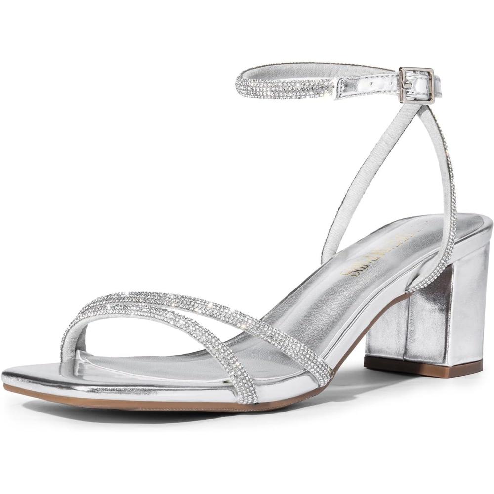 image:imageDREAM PAIRS Sandales talons bas bout ouvert avec boucle de cheville pour femmeStrass Argents
