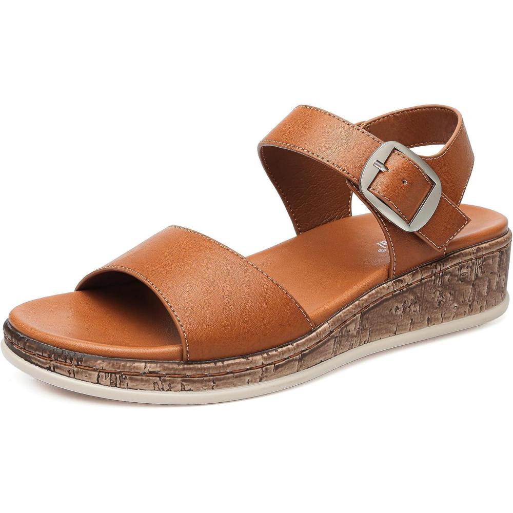 image:imageDimaiGlobal Sandales pour Femme Talon Compens avec Soutien de la Vote Plantaire Sandales Plateforme Confortables Bout Ouvert et Bride la Cheville pour tMarron