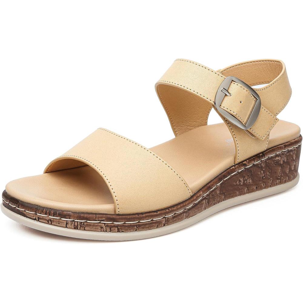 image:imageDimaiGlobal Sandales pour Femme Talon Compens avec Soutien de la Vote Plantaire Sandales Plateforme Confortables Bout Ouvert et Bride la Cheville pour tBeige