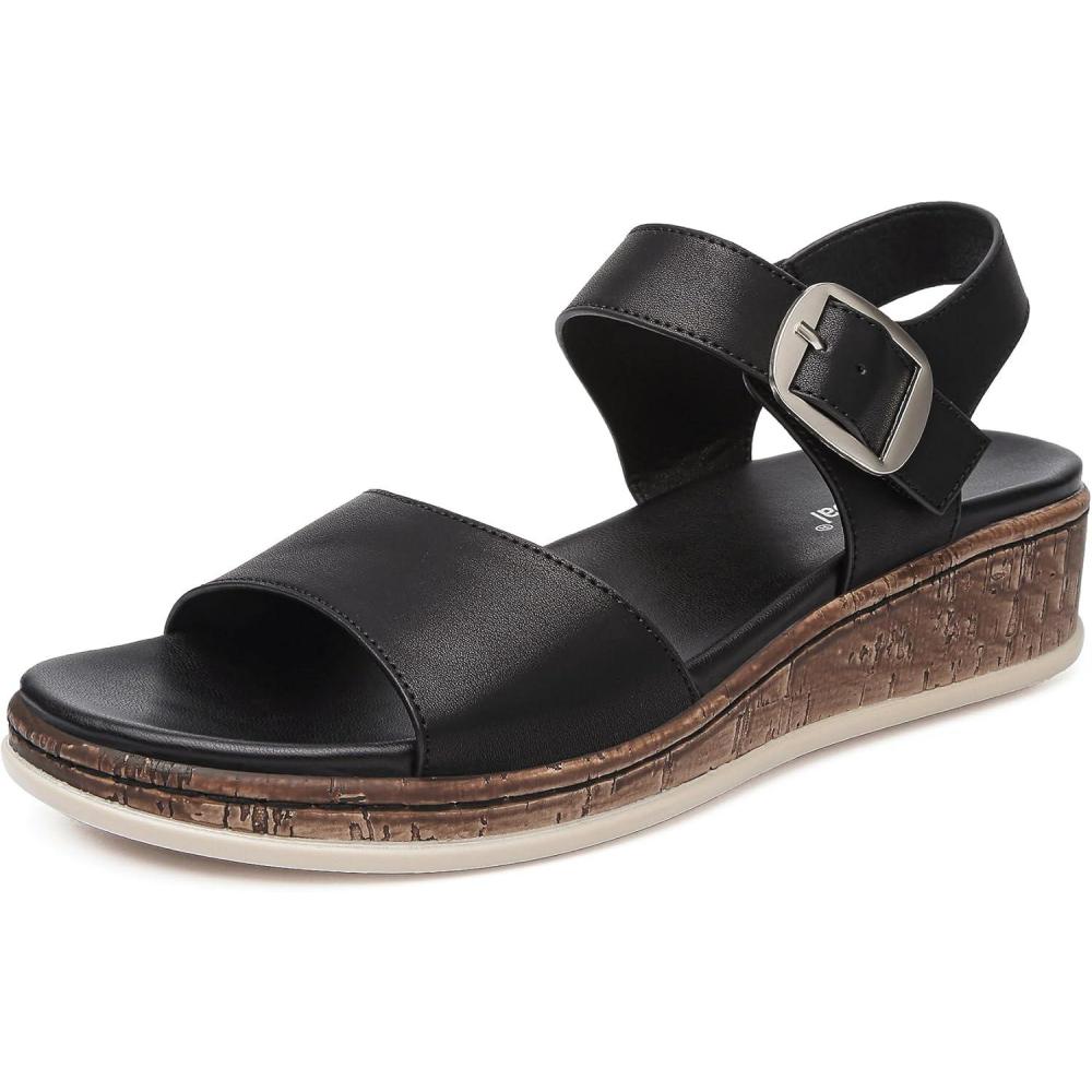 image:imageDimaiGlobal Sandales pour Femme Talon Compens avec Soutien de la Vote Plantaire Sandales Plateforme Confortables Bout Ouvert et Bride la Cheville pour tNoir