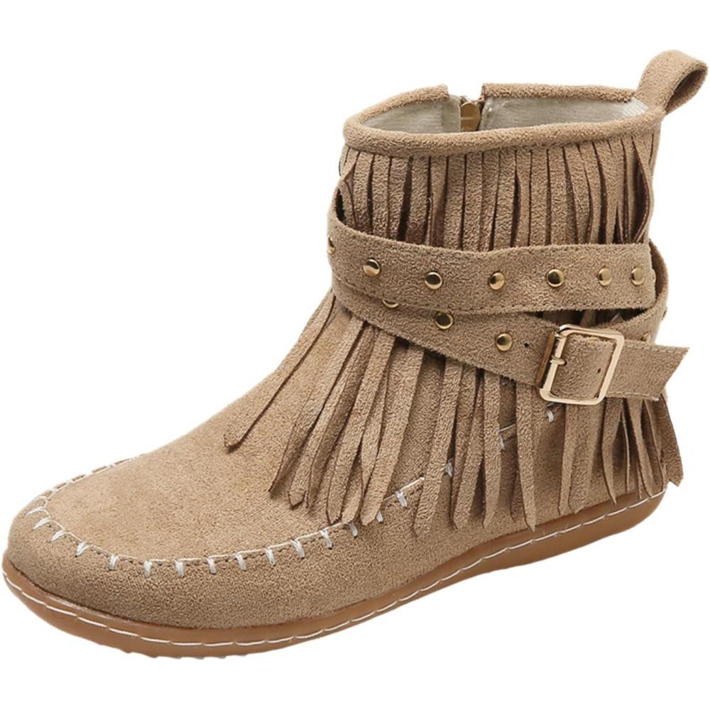 image:imageGnrique Bottines plates pour femmes bottines Chelsea bottes western dtails franges cloutes bottes dhiver confortables et chaudes en daim synthtiqueKaki