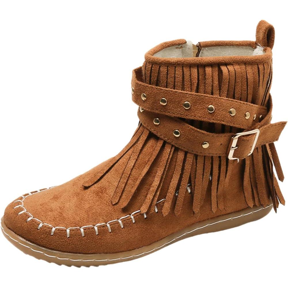 image:imageGnrique Bottines plates pour femmes bottines Chelsea bottes western dtails franges cloutes bottes dhiver confortables et chaudes en daim synthtiqueMarron Jaune