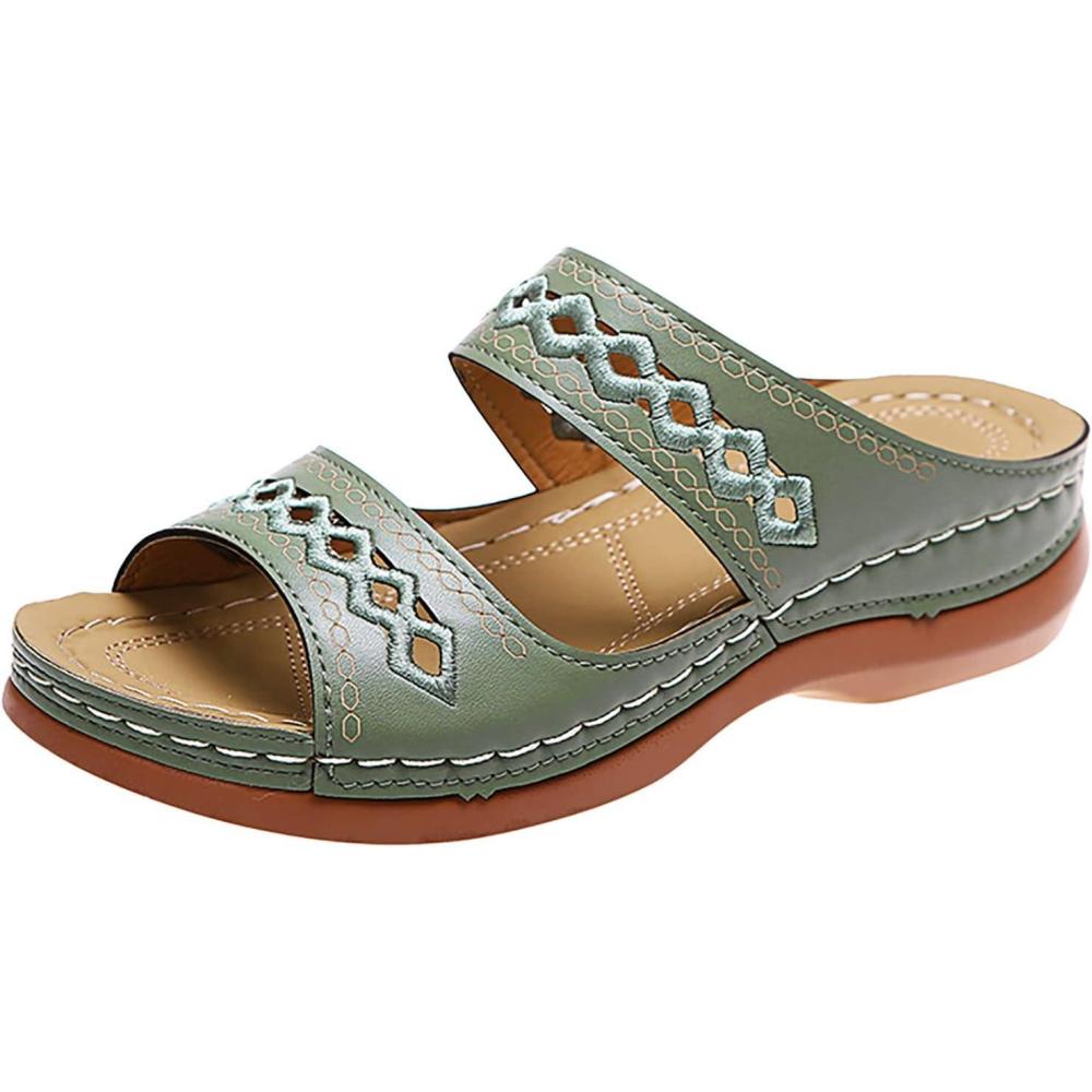 image:imageMules Femmes t Confortable Sandales en Cuir pour Femme Chausson Bout Ouvert Compenses Plateforme Pantoufles De Plage Et Claquettes De Piscine Femme Orthopdiques ChaussonsZ Vert