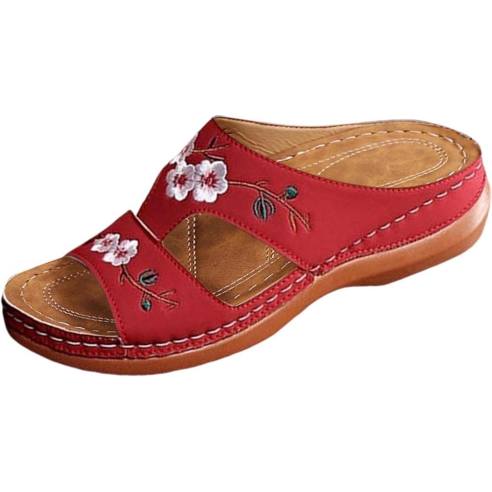 image:imageMules Femmes t Confortable Sandales en Cuir pour Femme Chausson Bout Ouvert Compenses Plateforme Pantoufles De Plage Et Claquettes De Piscine Femme Orthopdiques ChaussonsRouge