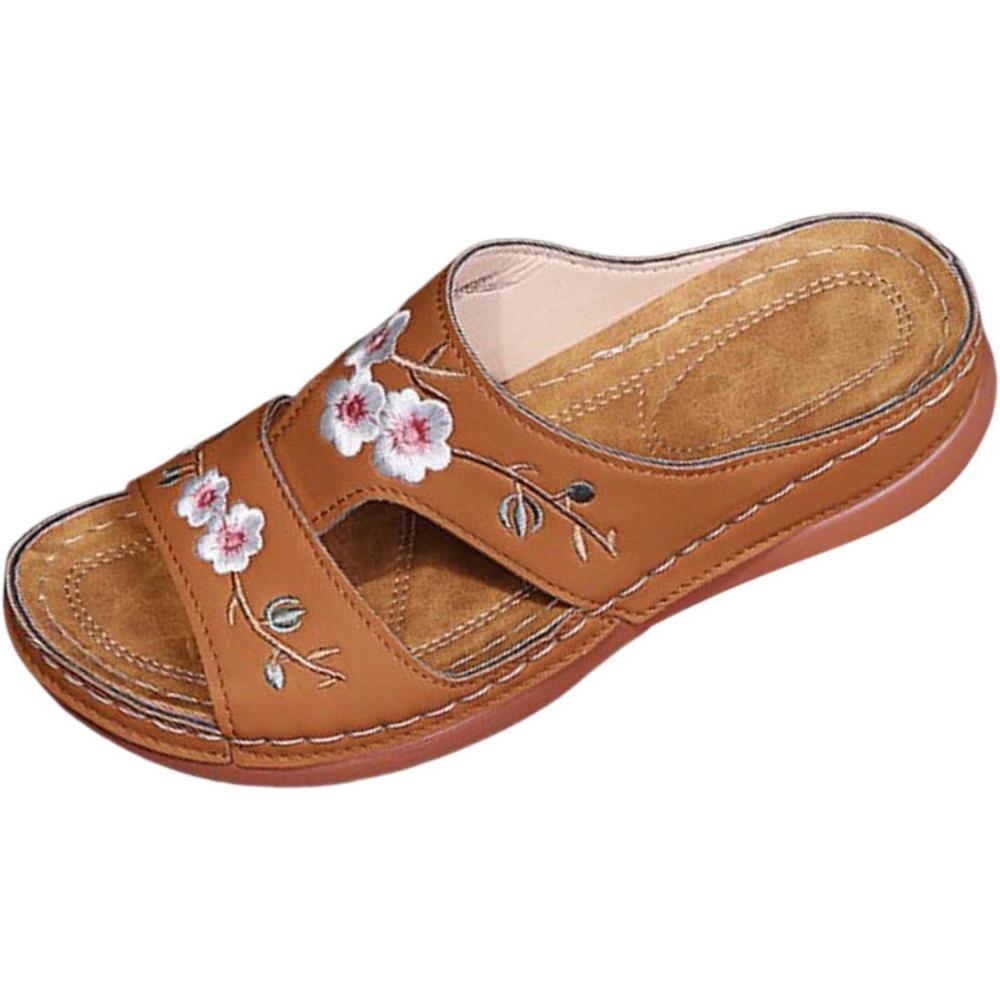 image:imageMules Femmes t Confortable Sandales en Cuir pour Femme Chausson Bout Ouvert Compenses Plateforme Pantoufles De Plage Et Claquettes De Piscine Femme Orthopdiques ChaussonsBrun