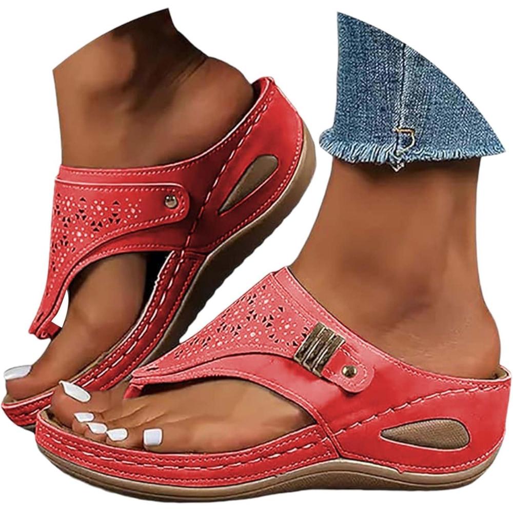 image:imageMules Femmes t Confortable Sandales en Cuir pour Femme Chausson Bout Ouvert Compenses Plateforme Pantoufles De Plage Et Claquettes De Piscine Femme Orthopdiques ChaussonsY Rouge