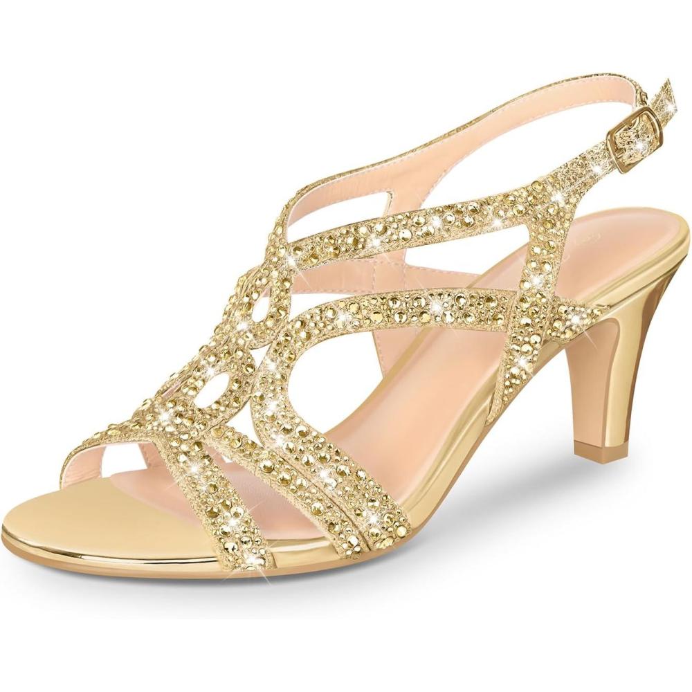image:imagePIZZ ANNU Amelia Sandales Femme t Confortable Et NuPieds Confort Talon Chic Mariage Chaussures Slingback Bout Ouvert avec Strass Brillants pour Crmonie Et SoireDor