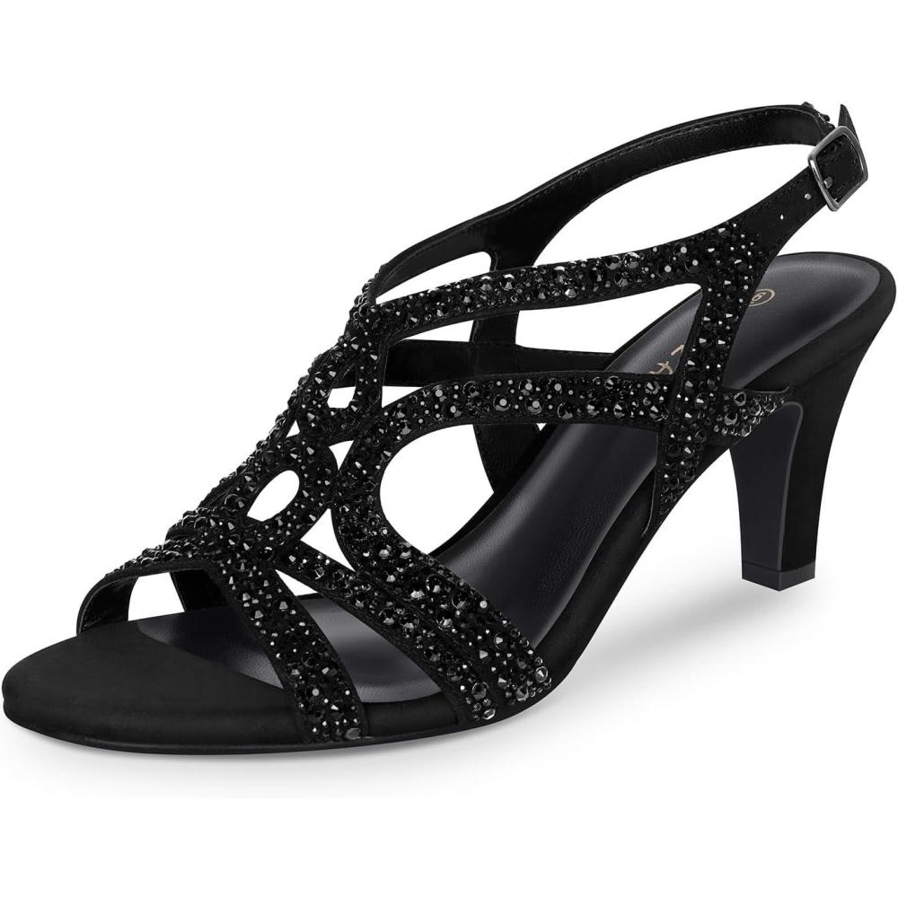 image:imagePIZZ ANNU Amelia Sandales Femme t Confortable Et NuPieds Confort Talon Chic Mariage Chaussures Slingback Bout Ouvert avec Strass Brillants pour Crmonie Et SoireNoir