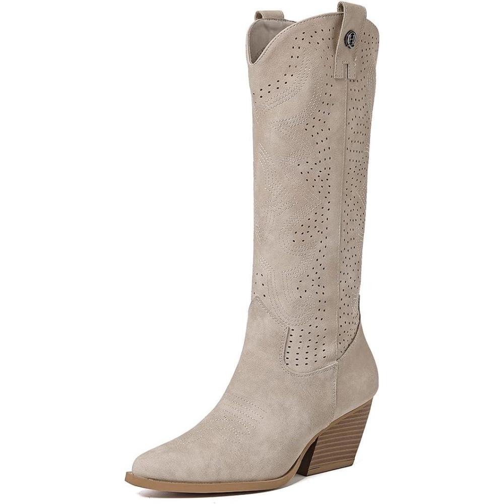 image:imageQUEEN HELENA Camperos Bottes Texani perfores avec talon Western Cowboy  bout bottines avec fermeture clair latrale pour femme X28100Beige