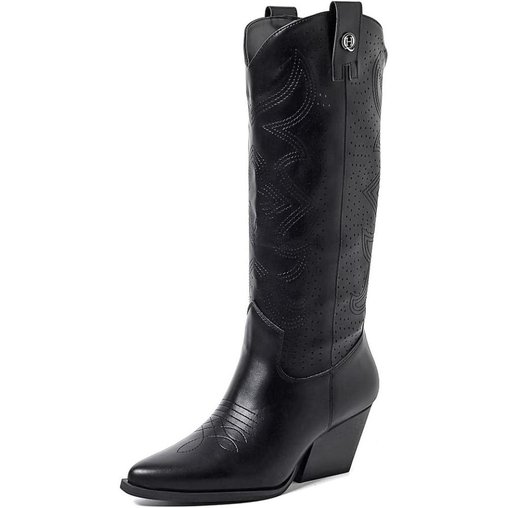 image:imageQUEEN HELENA Camperos Bottes Texani perfores avec talon Western Cowboy  bout bottines avec fermeture clair latrale pour femme X28100Noir