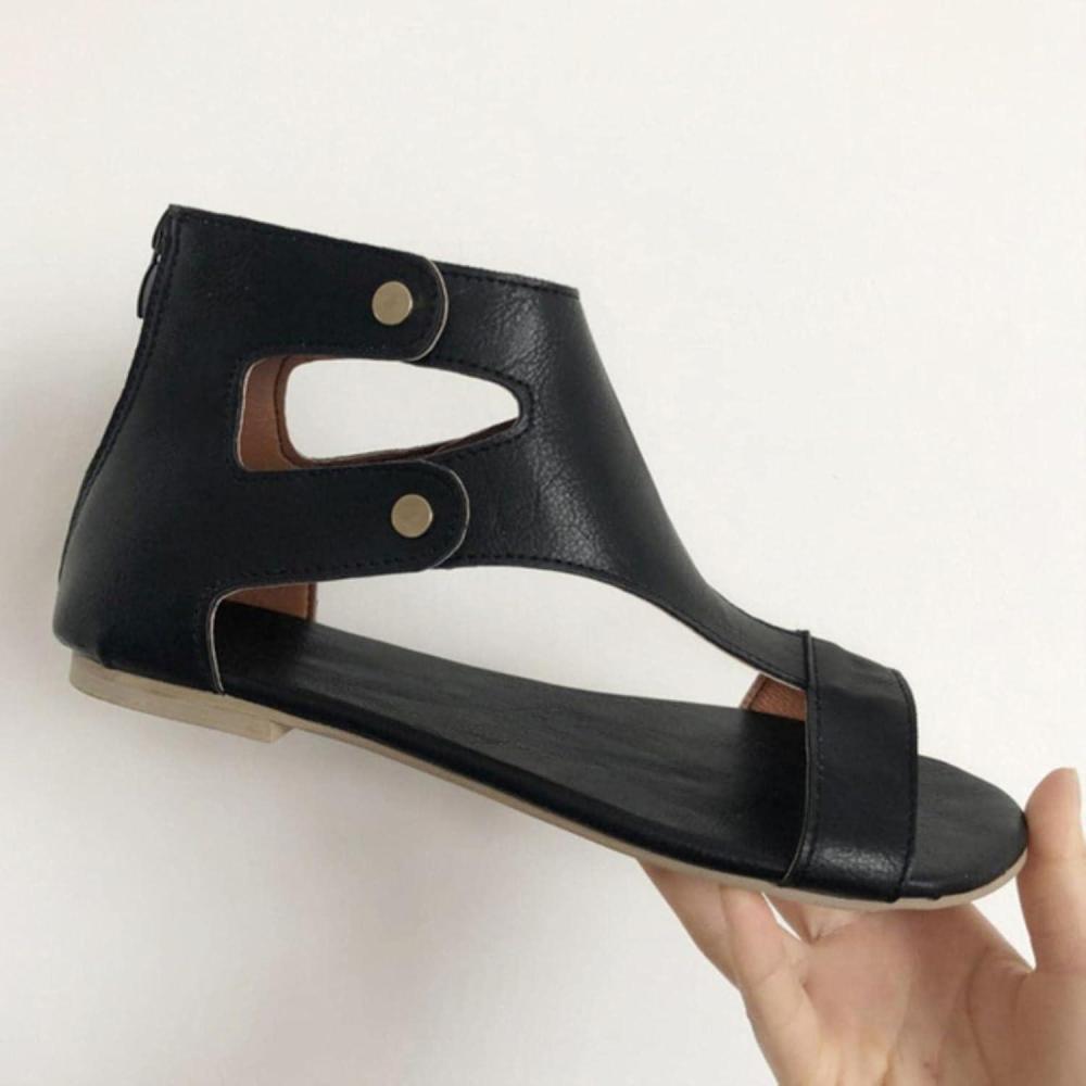image:imageSandales pour Femmes Sandales Plates en Cuir Doux Chaussures Femmes Plus Taille Peep Toe Sandales Sandales Casual Gladiator Beach Sandalias MujerNoir