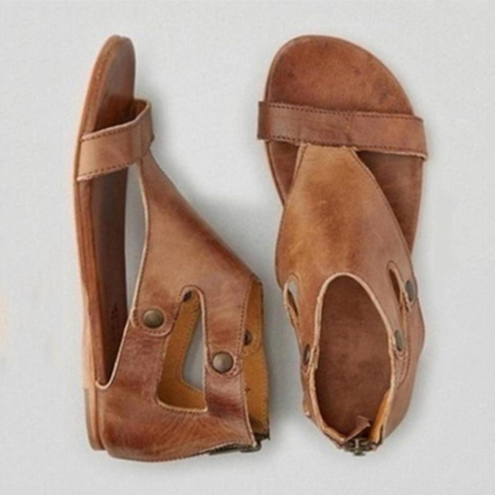 image:imageSandales pour Femmes Sandales Plates en Cuir Doux Chaussures Femmes Plus Taille Peep Toe Sandales Sandales Casual Gladiator Beach Sandalias MujerYellow Brown