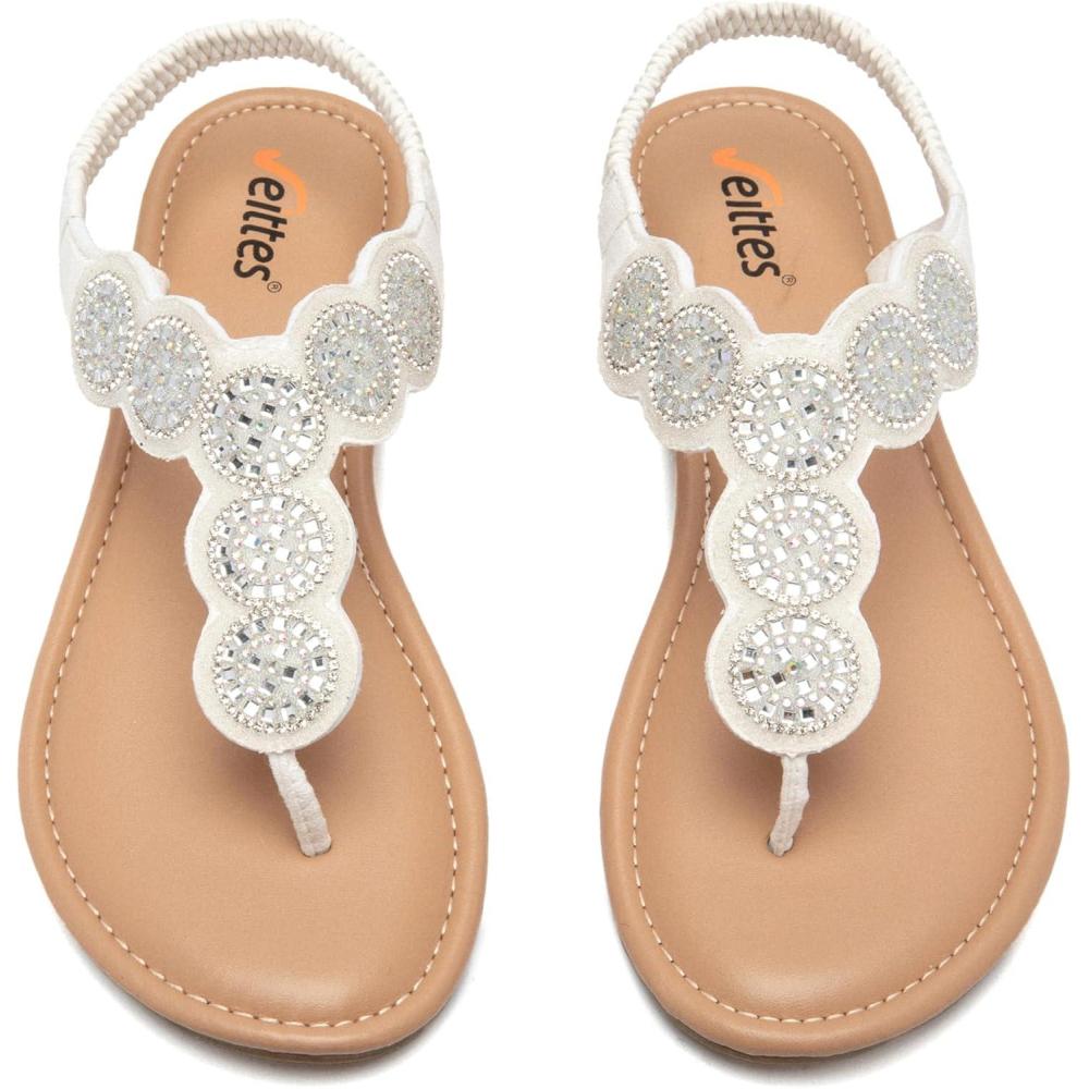 image:imageVeittes sandales boho plates pour femmes Sandales lgantes et confortables bride lastique arrire sabot ouvert sandales tong dt avec strass et sangle de chevilleBlanc Fr2307004