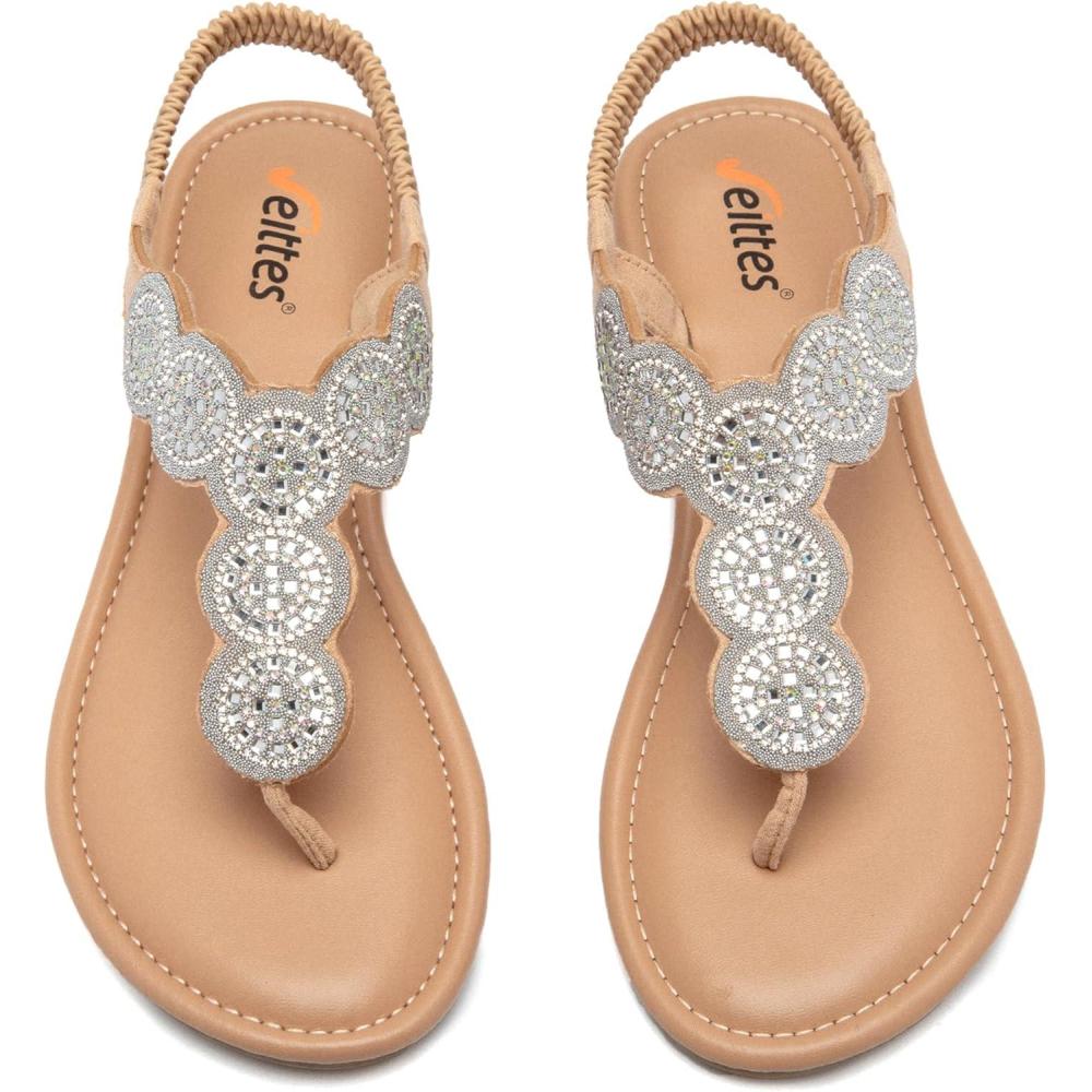 image:imageVeittes sandales boho plates pour femmes Sandales lgantes et confortables bride lastique arrire sabot ouvert sandales tong dt avec strass et sangle de chevilleArgent Fr2307004