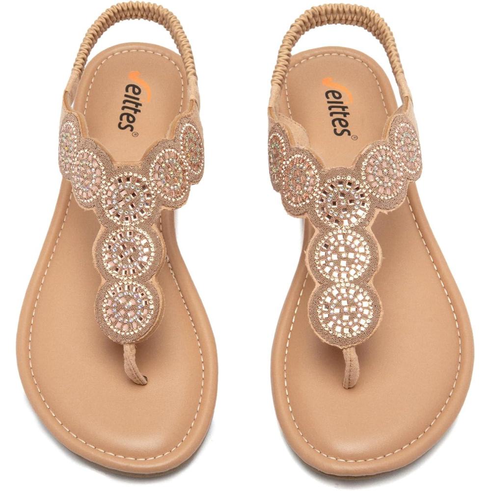 image:imageVeittes sandales boho plates pour femmes Sandales lgantes et confortables bride lastique arrire sabot ouvert sandales tong dt avec strass et sangle de chevilleDor Fr2307004