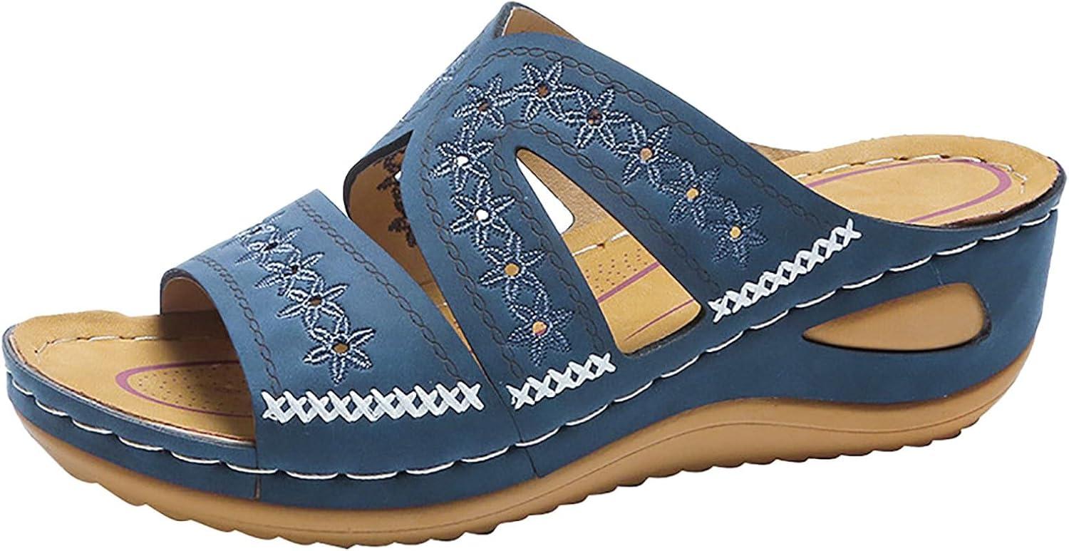 image:imageChaussures orthopdiques pour femme Mules dt Talon compens lgantes En cuir Confortables Antidrapantes Pour la plage et les vacancesBleu
