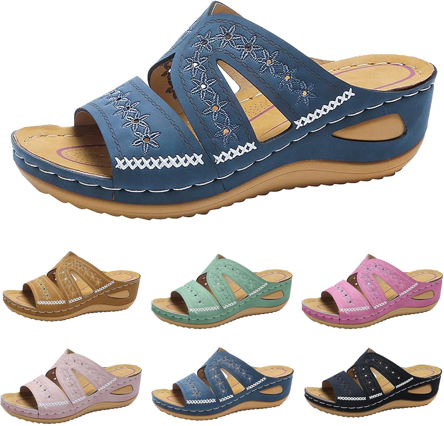 image:imageChaussures orthopdiques pour femme Mules dt Talon compens lgantes En cuir Confortables Antidrapantes Pour la plage et les vacancesBleu