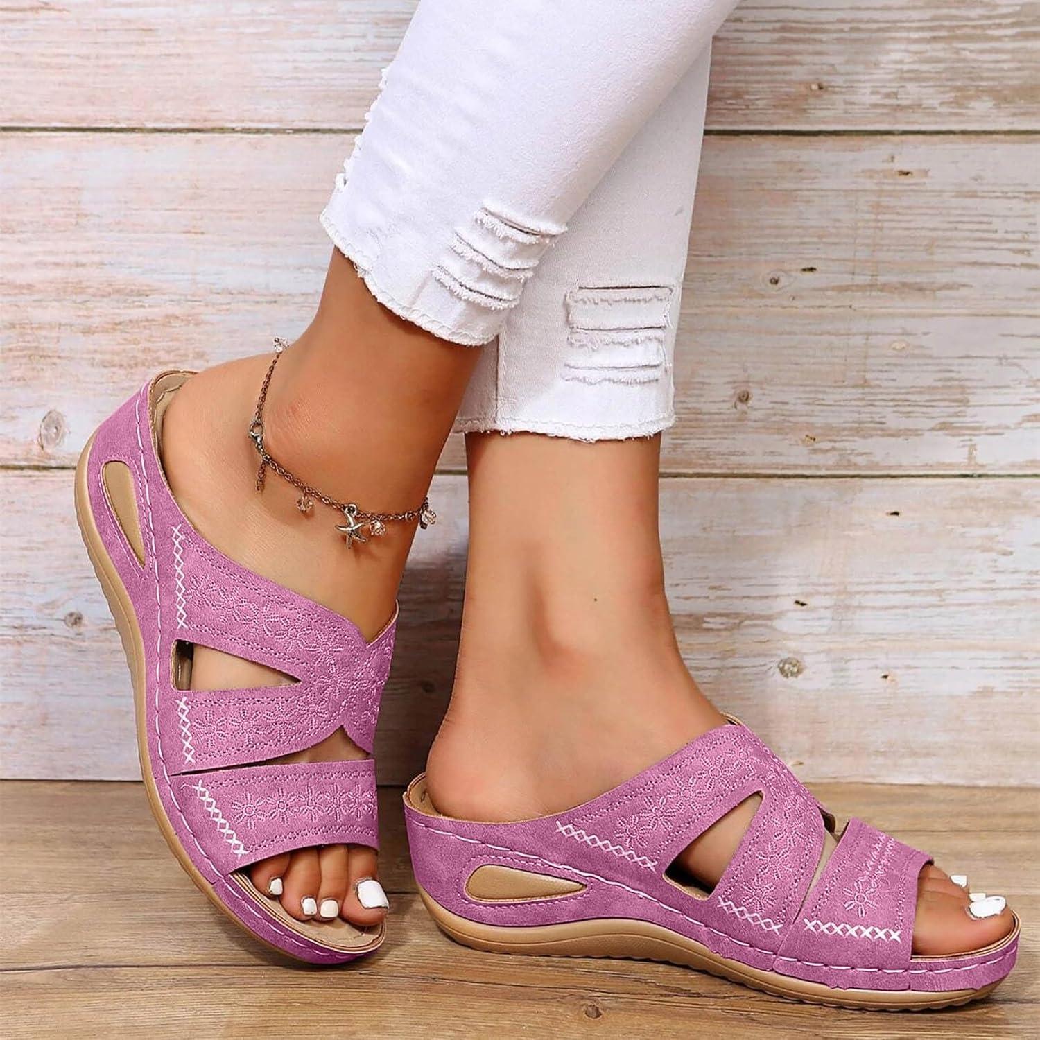 image:imageChaussures orthopdiques pour femme Mules dt Talon compens lgantes En cuir Confortables Antidrapantes Pour la plage et les vacancesLilas