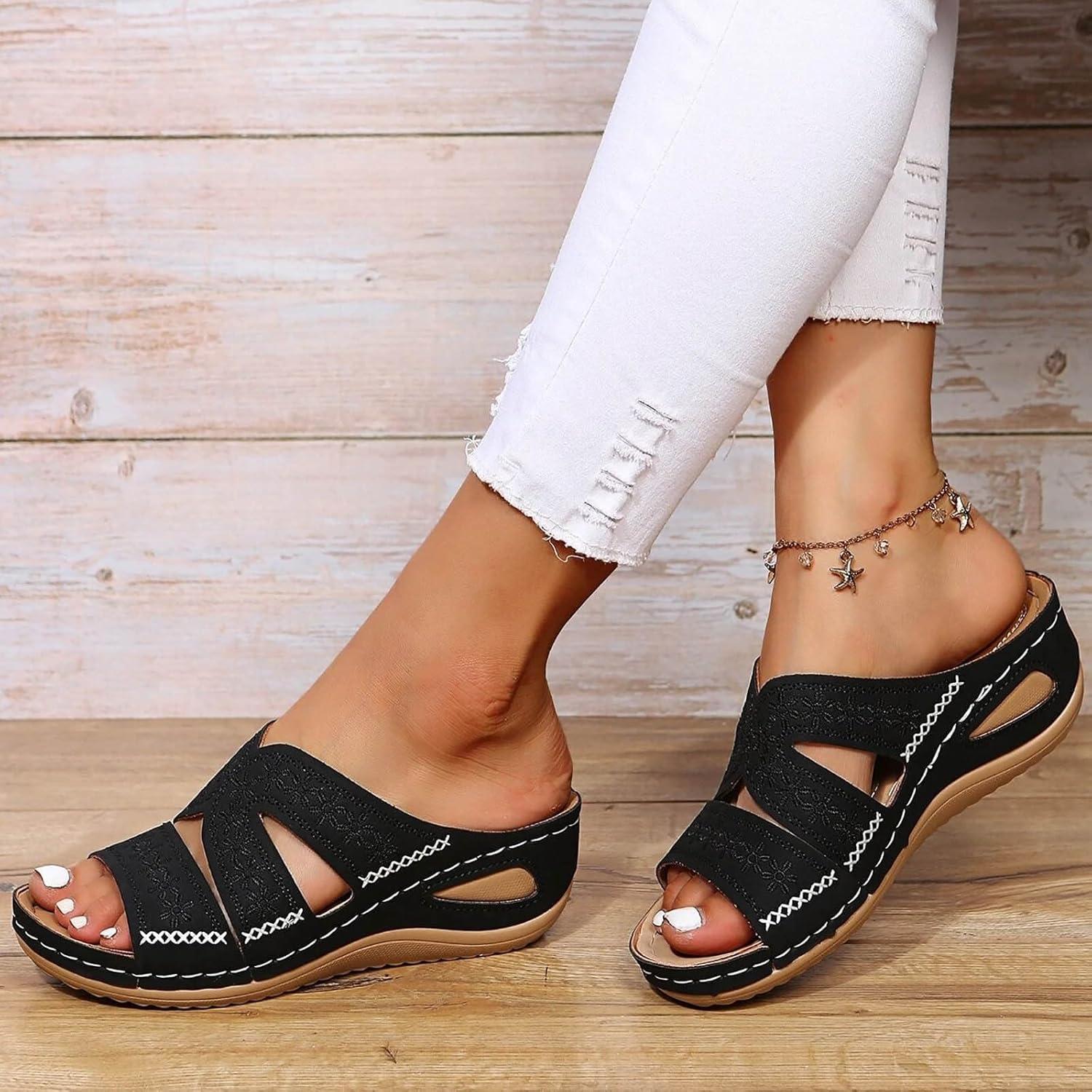 image:imageChaussures orthopdiques pour femme Mules dt Talon compens lgantes En cuir Confortables Antidrapantes Pour la plage et les vacancesNoir