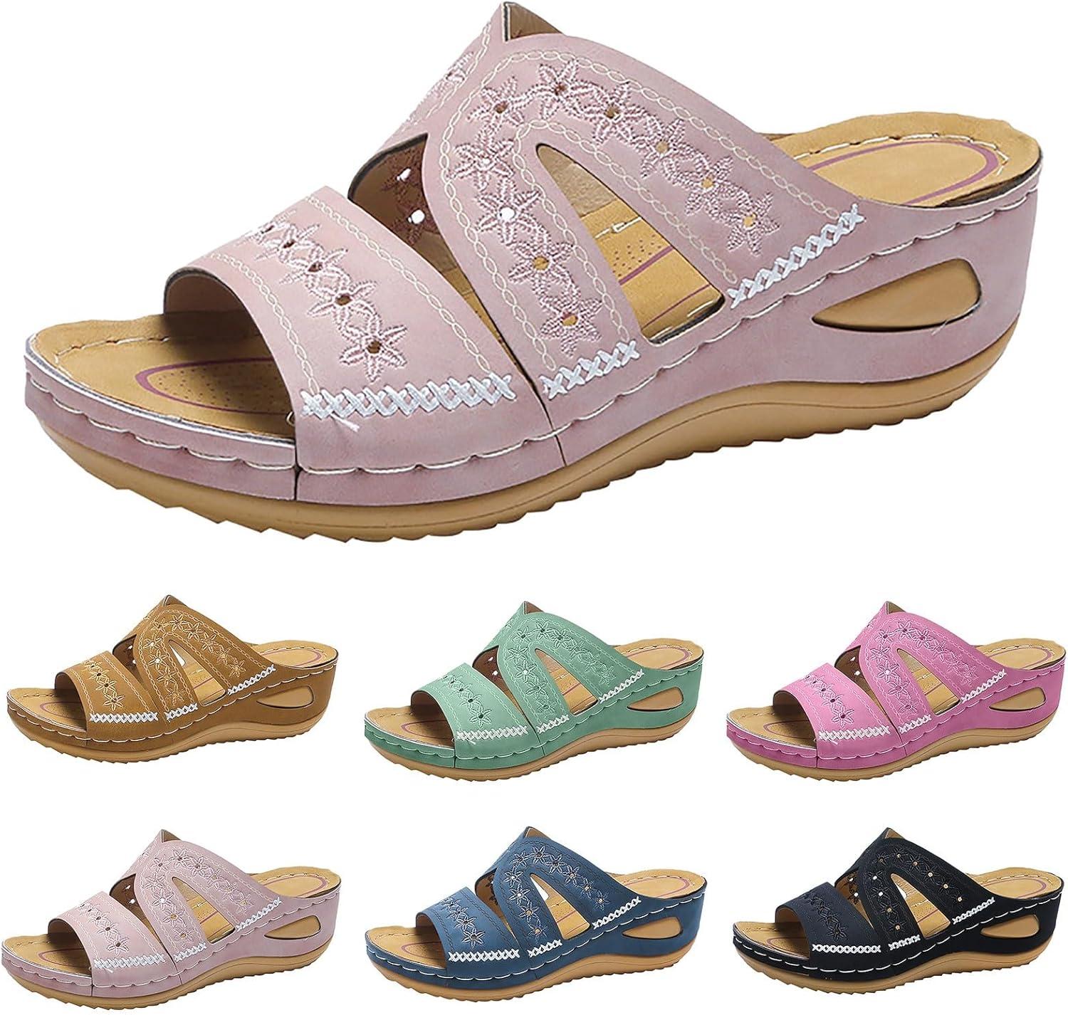 image:imageChaussures orthopdiques pour femme Mules dt Talon compens lgantes En cuir Confortables Antidrapantes Pour la plage et les vacancesRose