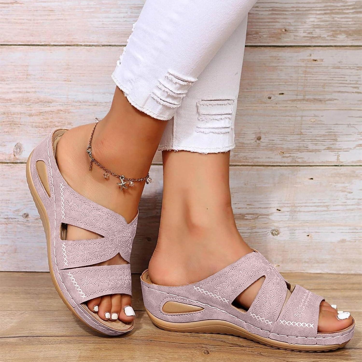 image:imageChaussures orthopdiques pour femme Mules dt Talon compens lgantes En cuir Confortables Antidrapantes Pour la plage et les vacancesRose