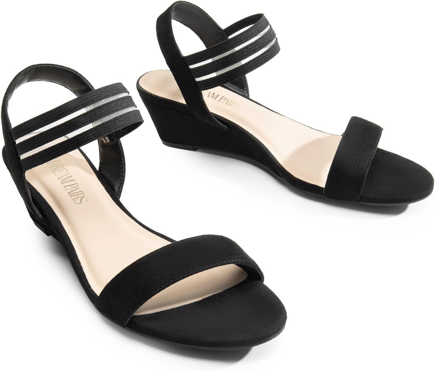 image:imageDREAM PAIRS Sandales compenses talon bas pour femme Confortables lastique Sangle de cheville Chaussures habilles dt dcontractesDaim Noir