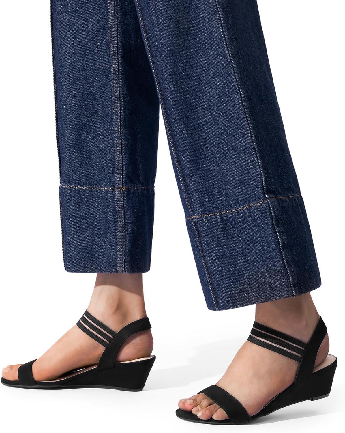 image:imageDREAM PAIRS Sandales compenses talon bas pour femme Confortables lastique Sangle de cheville Chaussures habilles dt dcontractesDaim Noir