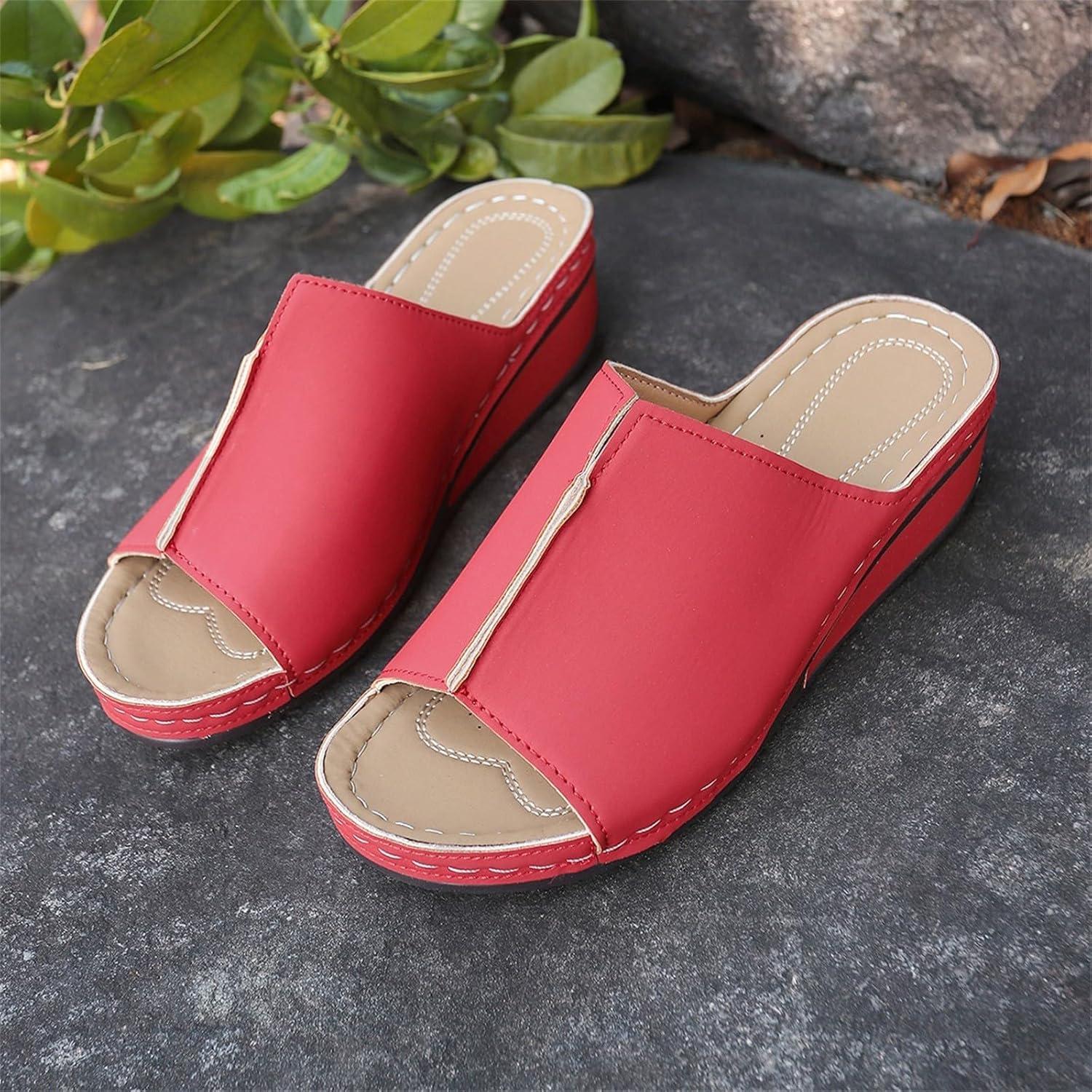 image:imageGenerico Chaussons orthopdiques pour femme la maison souple en cuir avec semelle compense lgantes plateforme Slippers Trekking Sportifs chaussures de douche plage intrieur extrieurRouge