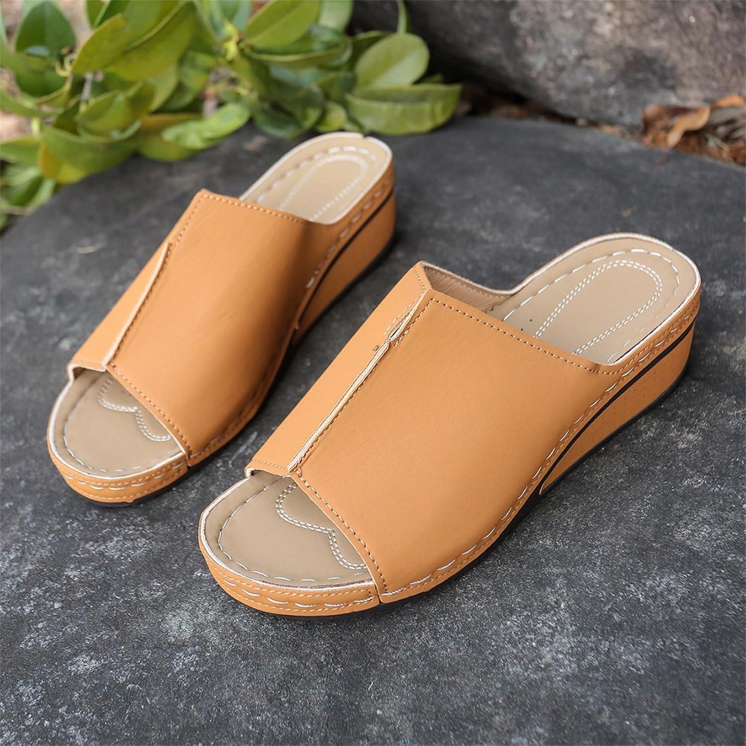 image:imageGenerico Chaussons orthopdiques pour femme la maison souple en cuir avec semelle compense lgantes plateforme Slippers Trekking Sportifs chaussures de douche plage intrieur extrieurMarron