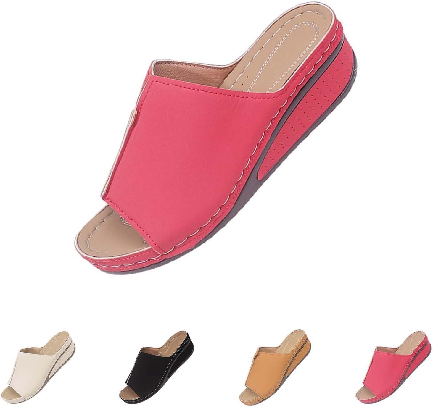 image:imageGenerico Chaussons orthopdiques pour femme la maison souple en cuir avec semelle compense lgantes plateforme Slippers Trekking Sportifs chaussures de douche plage intrieur extrieurRouge