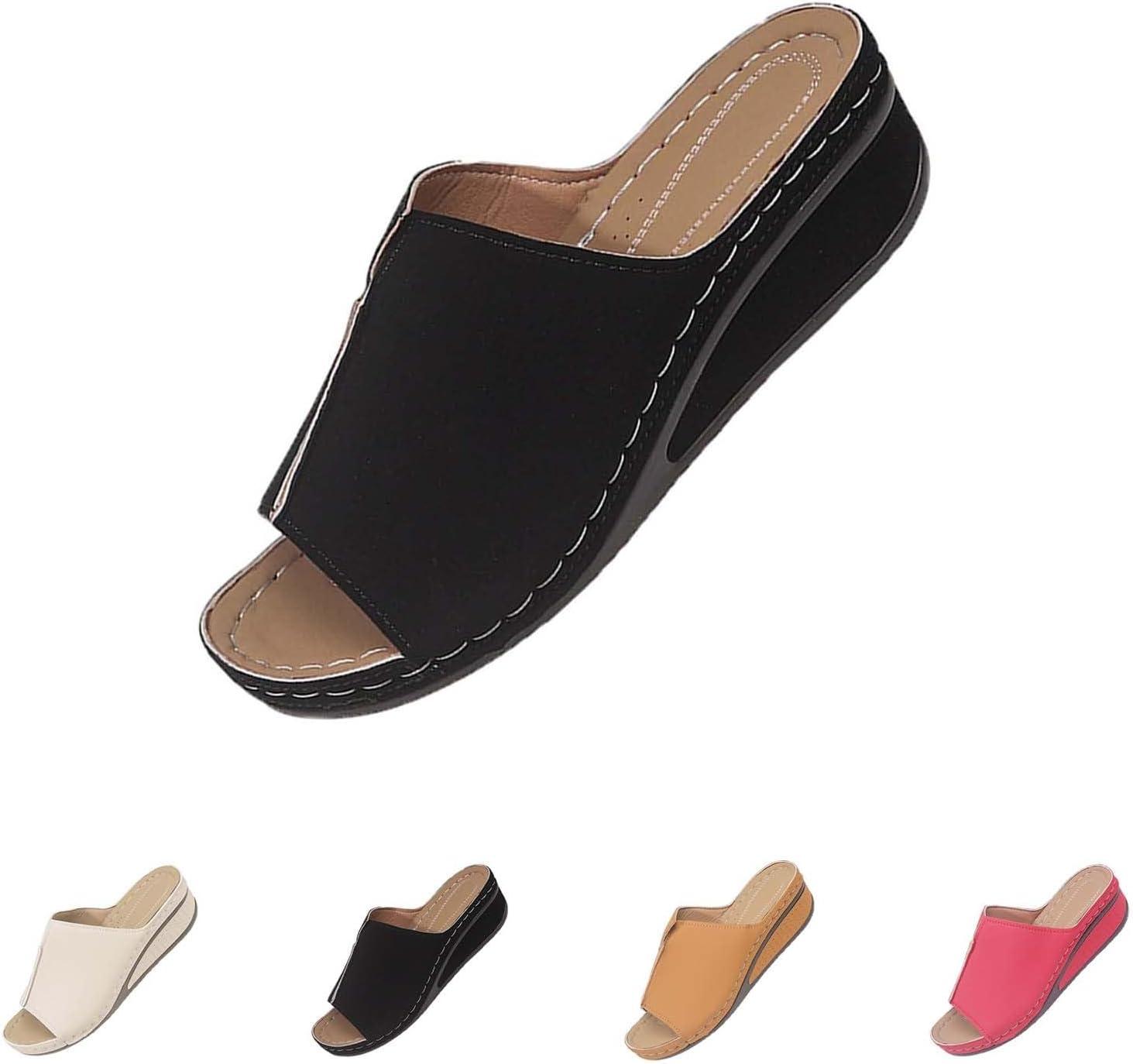 image:imageGenerico Chaussons orthopdiques pour femme la maison souple en cuir avec semelle compense lgantes plateforme Slippers Trekking Sportifs chaussures de douche plage intrieur extrieurNoir
