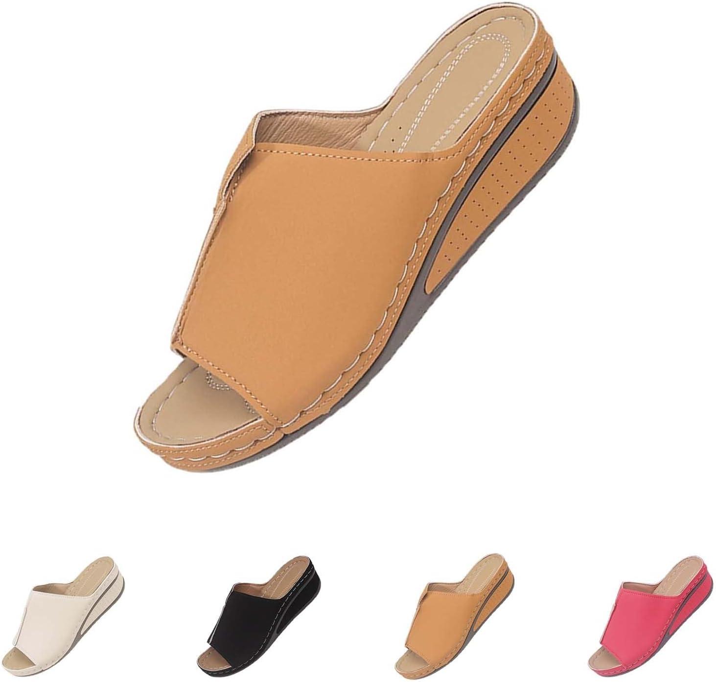 image:imageGenerico Chaussons orthopdiques pour femme la maison souple en cuir avec semelle compense lgantes plateforme Slippers Trekking Sportifs chaussures de douche plage intrieur extrieurMarron
