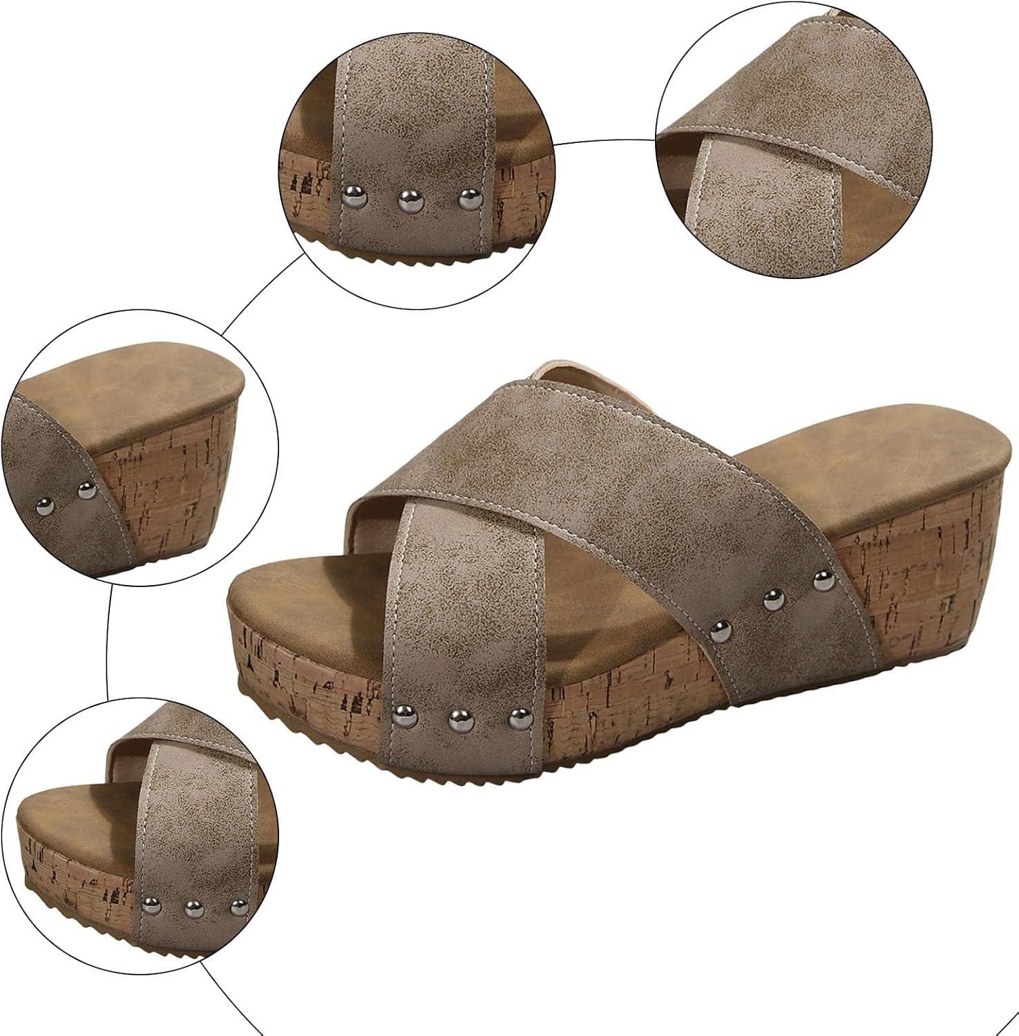 image:imageMules compenses pour femme Sandales compenses lgantes en cuir Confortables Antidrapantes Dcontractes Rivets Sandales dt Pour la plage et les vacancesT 6 Kaki