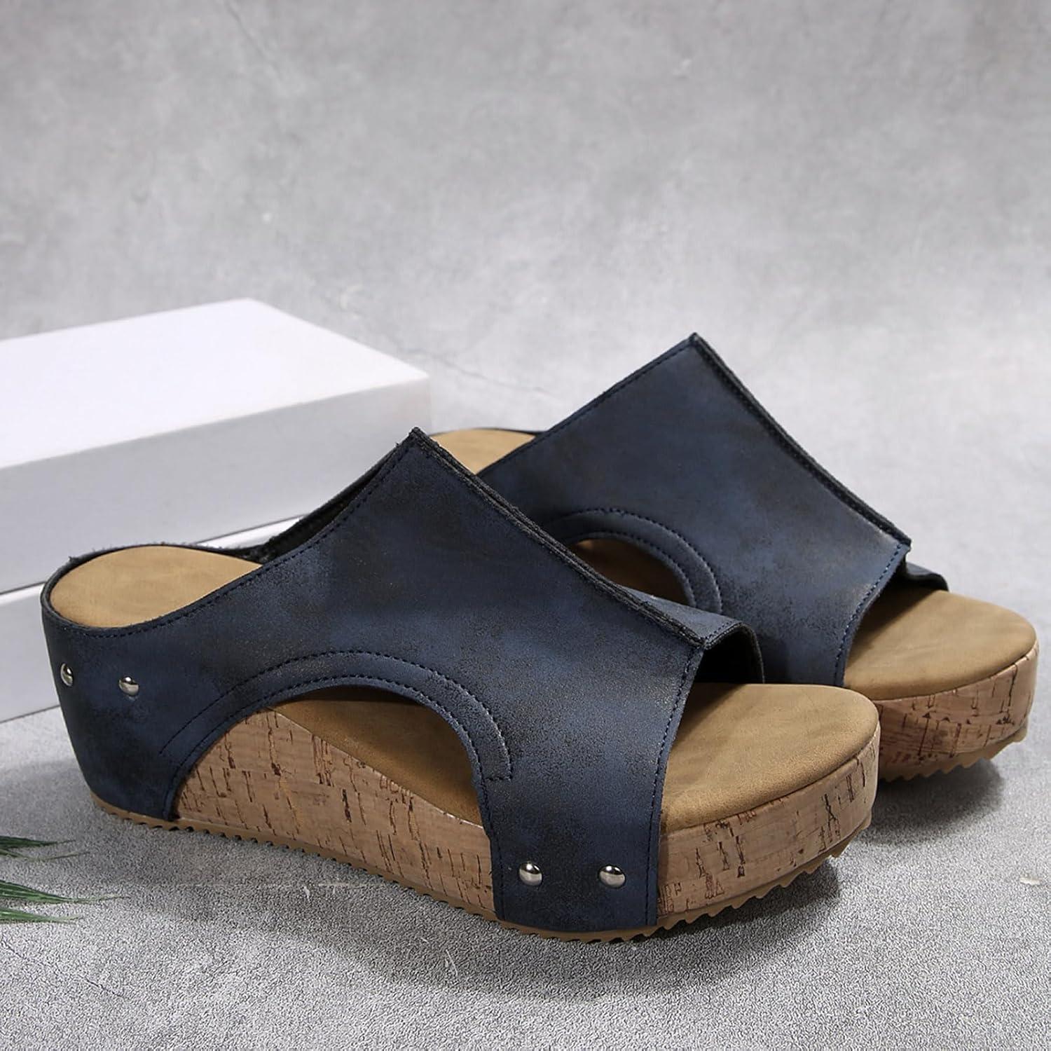 image:imageMules compenses pour femme Sandales compenses lgantes en cuir Confortables Antidrapantes Dcontractes Rivets Sandales dt Pour la plage et les vacancesT 1 Marine