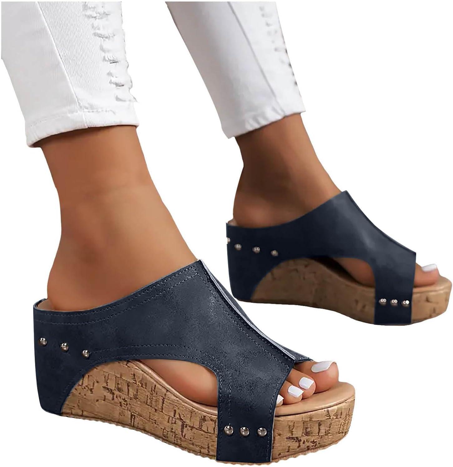 image:imageMules compenses pour femme Sandales compenses lgantes en cuir Confortables Antidrapantes Dcontractes Rivets Sandales dt Pour la plage et les vacancesT 1 Marine