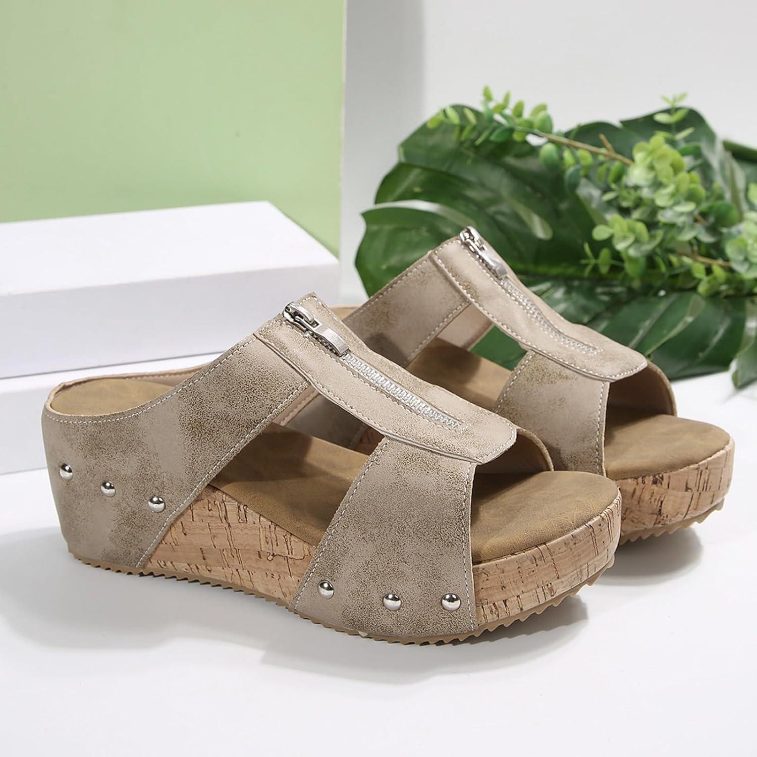 image:imageMules compenses pour femme Sandales compenses lgantes en cuir Confortables Antidrapantes Dcontractes Rivets Sandales dt Pour la plage et les vacancesT 3 Kaki