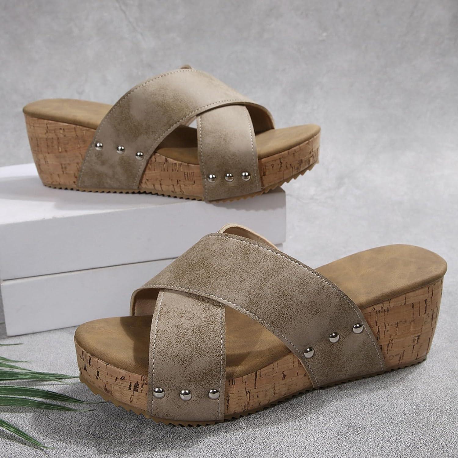 image:imageMules compenses pour femme Sandales compenses lgantes en cuir Confortables Antidrapantes Dcontractes Rivets Sandales dt Pour la plage et les vacancesT 6 Kaki