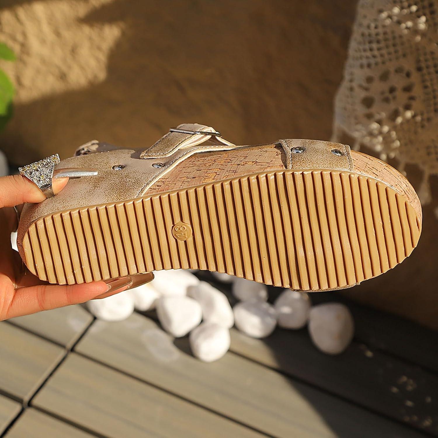 image:imageMules compenses pour femme Sandales compenses lgantes en cuir Confortables Antidrapantes Dcontractes Rivets Sandales dt Pour la plage et les vacancesT 5 Kaki