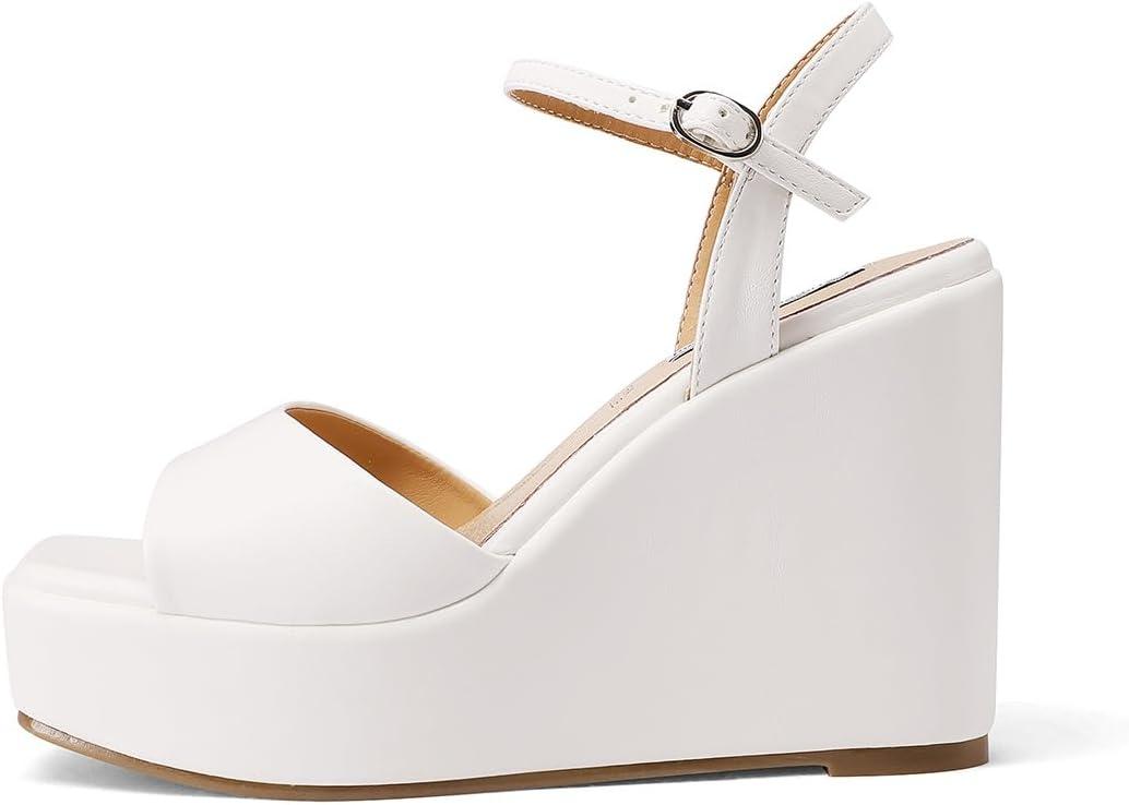 image:imageQUEEN HELENA Chaussures compenses talons hauts Sandales Hautes avec Plateau Casual Femme ZM9914Blanc