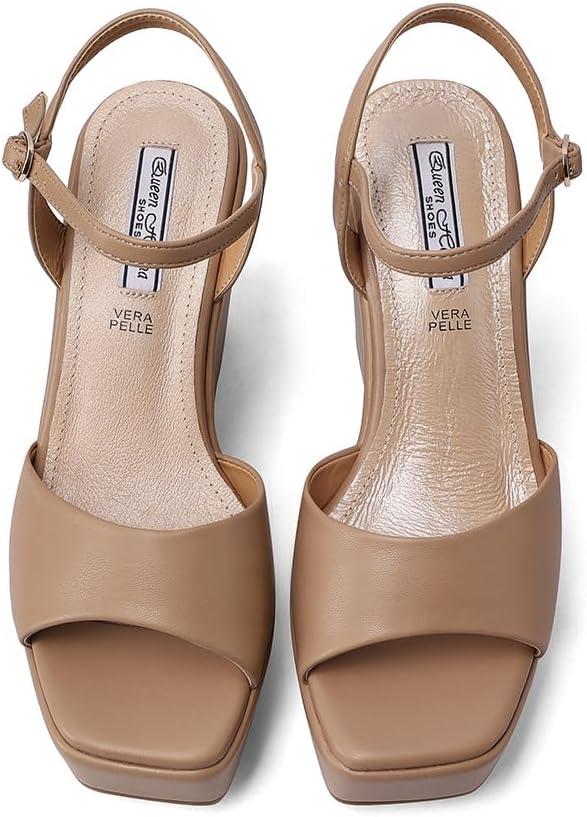 image:imageQUEEN HELENA Chaussures compenses talons hauts Sandales Hautes avec Plateau Casual Femme ZM9914Camel