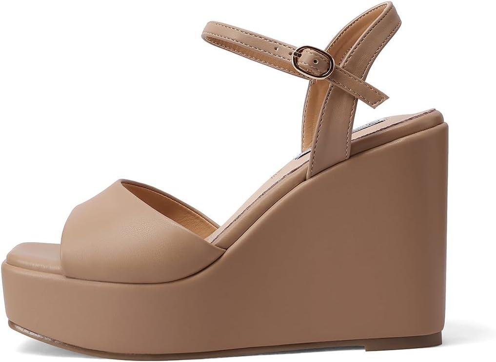 image:imageQUEEN HELENA Chaussures compenses talons hauts Sandales Hautes avec Plateau Casual Femme ZM9914Camel