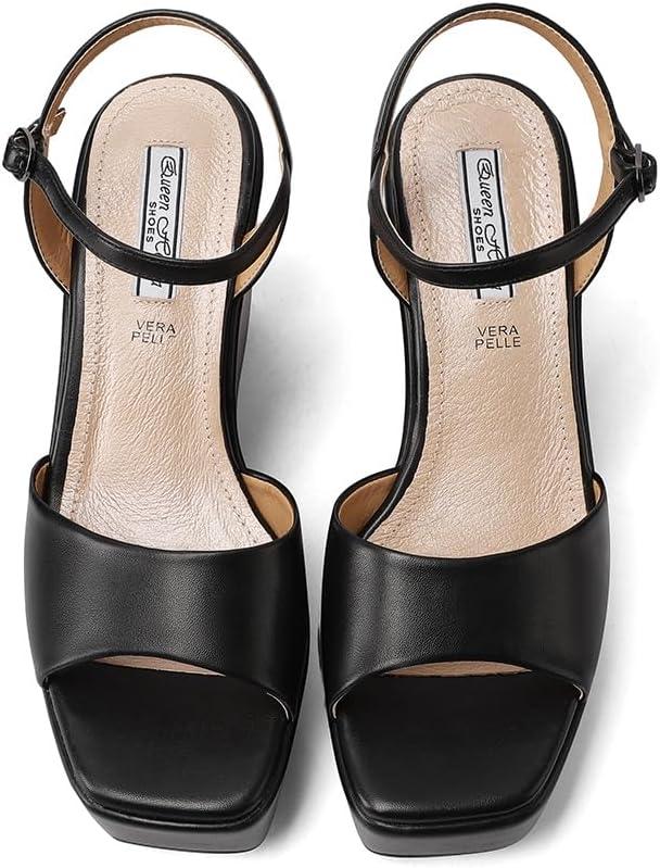 image:imageQUEEN HELENA Chaussures compenses talons hauts Sandales Hautes avec Plateau Casual Femme ZM9914Noir