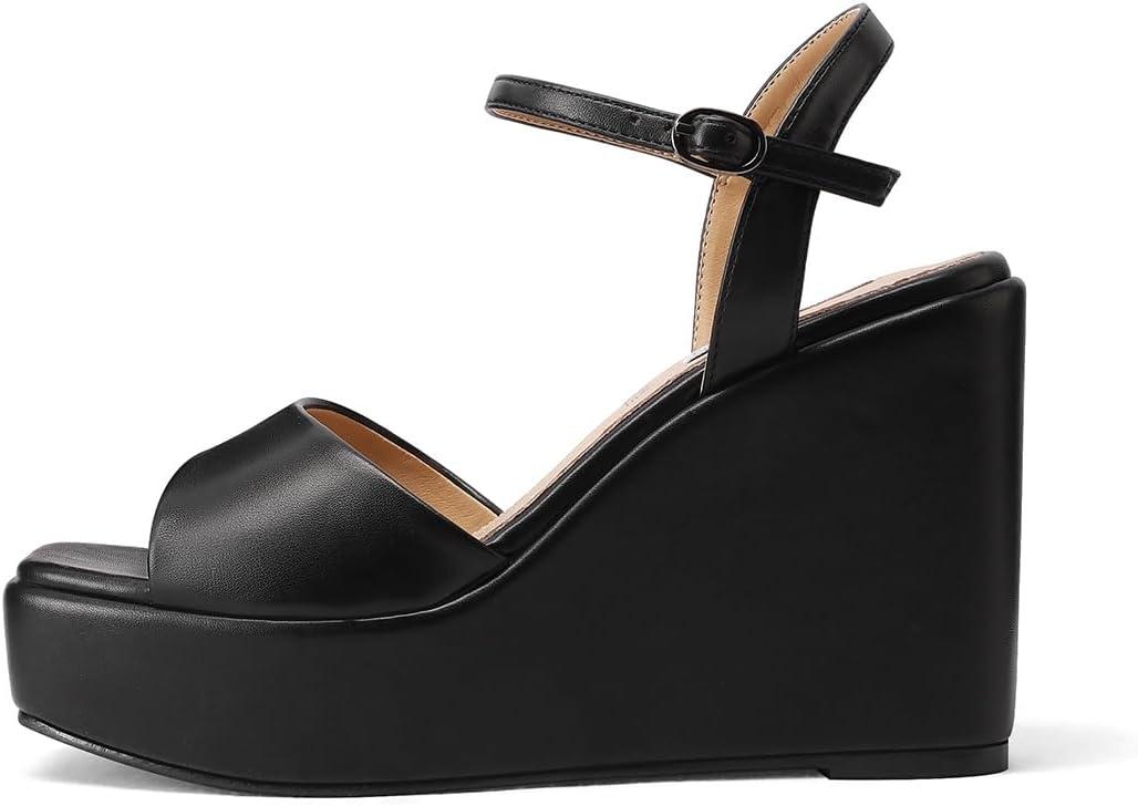 image:imageQUEEN HELENA Chaussures compenses talons hauts Sandales Hautes avec Plateau Casual Femme ZM9914Noir